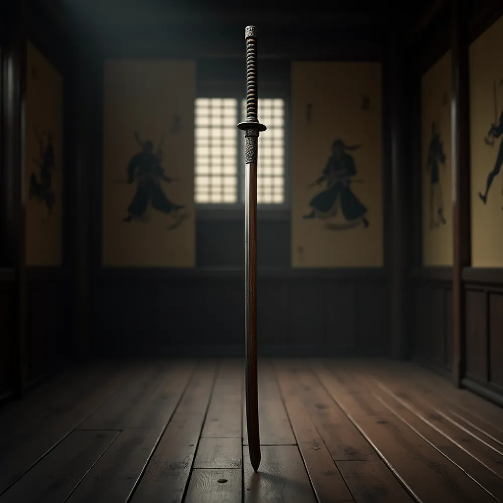 Japanese naginata polearm with curved blade on long shaft